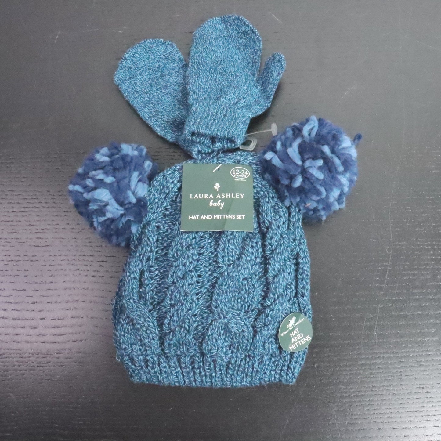 Laura Ashley Baby 12–24M Blue Knit Pom Pom Hat & Mittens Set
