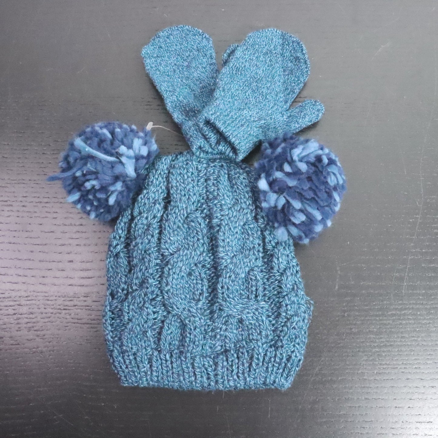 Laura Ashley Baby 12–24M Blue Knit Pom Pom Hat & Mittens Set